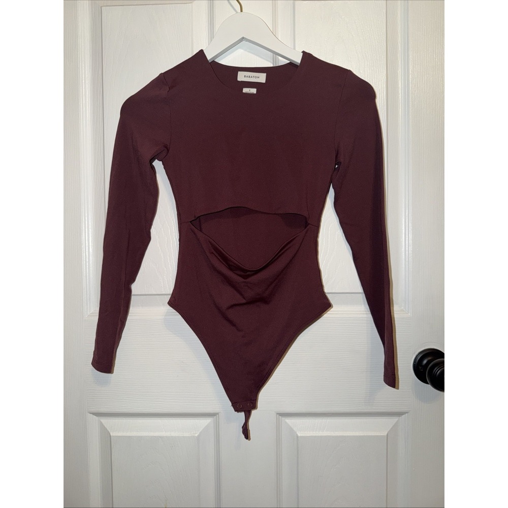 Aritzia Babaton Bodysuit Women's S Contour Crew Neck Burgundy Cutout Front